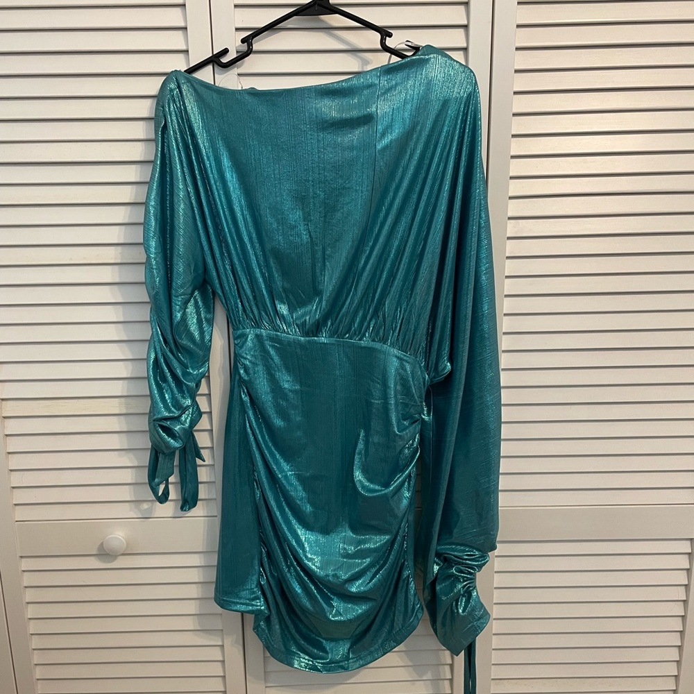 Elliatt Blue/Teal Shimmer Dress - Off the Shoulder with Long Sleeves